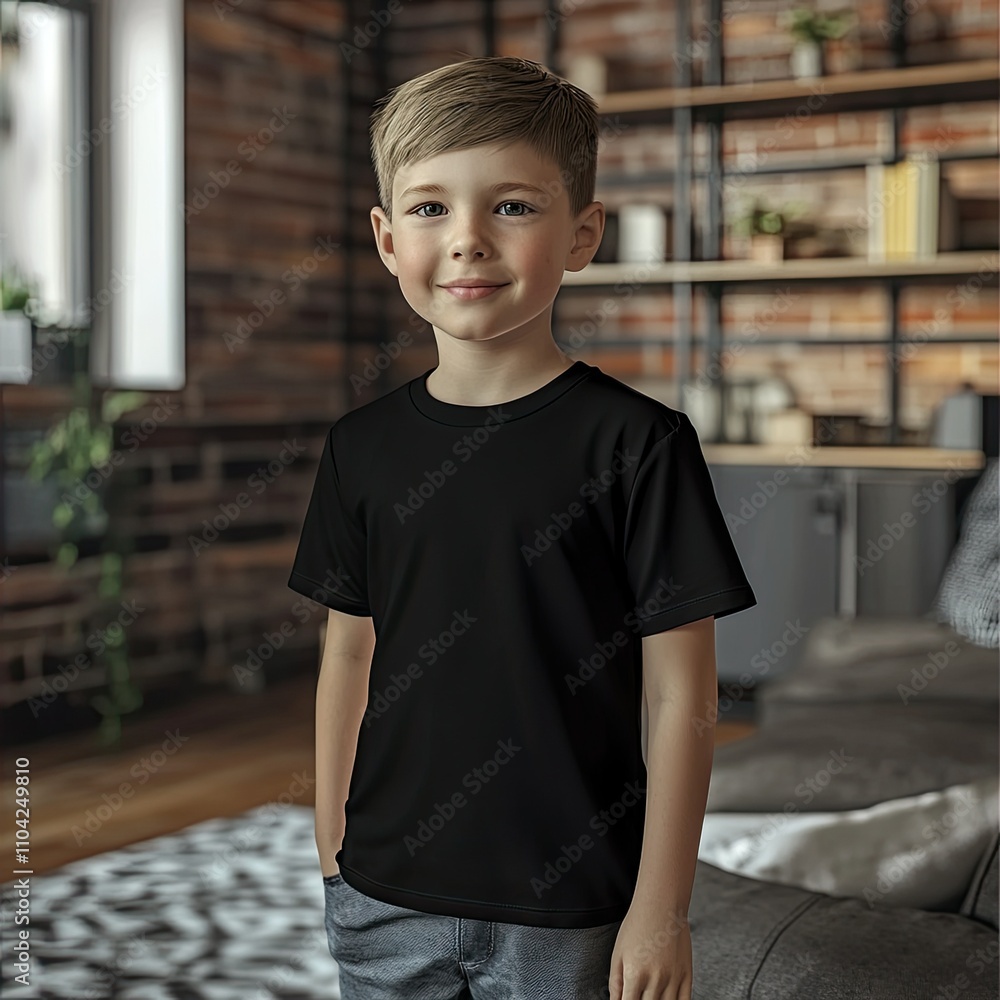 Young Boy in Black T-Shirt Smiling in Living Room Young Boy in Black T-Shirt Smiling in Living Room