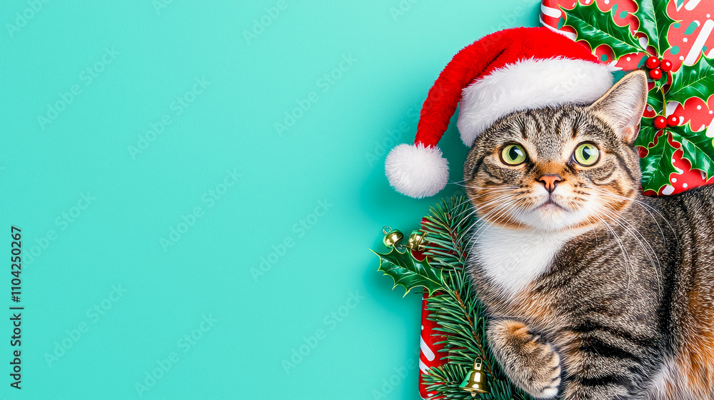 Festive tabby cat with santa hat and christmas decorations on turquoise background Festive tabby cat with santa hat and christmas decorations on turquoise background