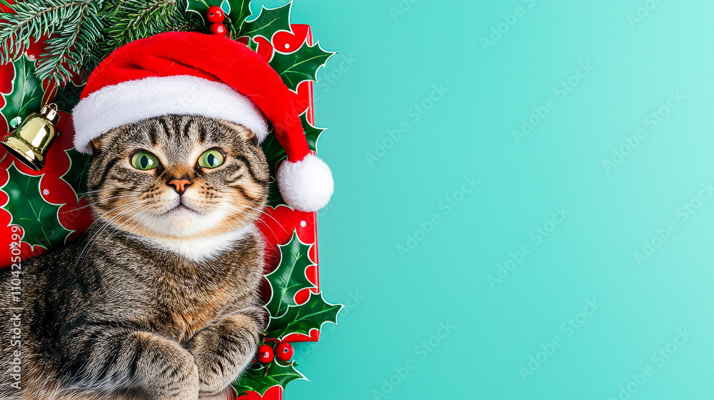 Festive cat with santa hat on holiday background Festive cat with santa hat on holiday background