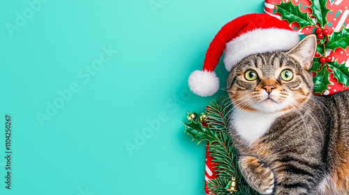 Festive tabby cat with santa hat and christmas decorations on turquoise background photo