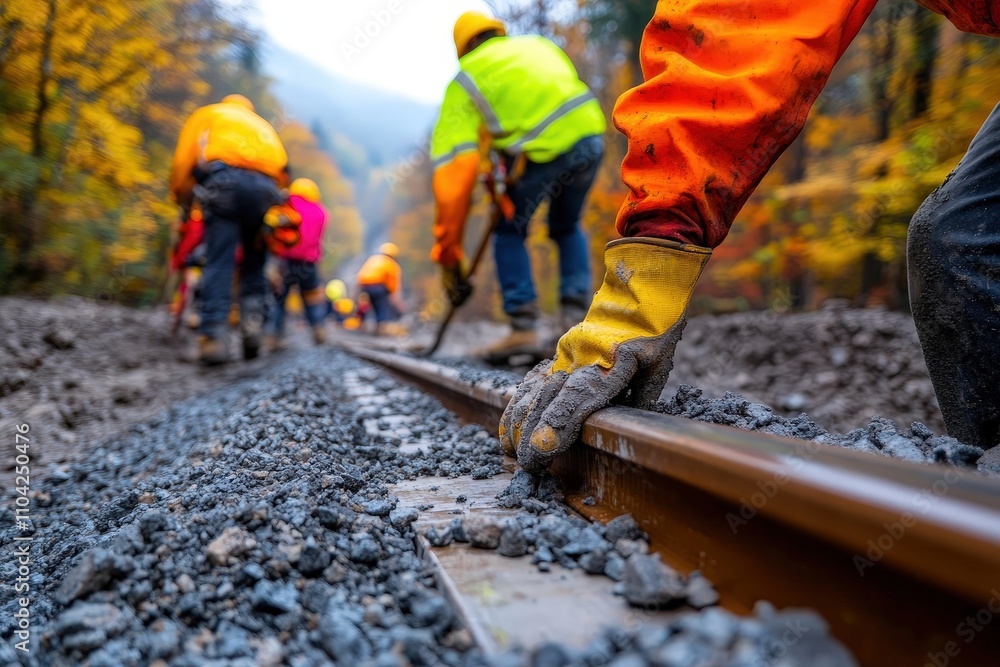 A group of construction workers is collaborating to build a railway track, capturing the essence of teamwork and dedication in transportation infrastructure. A group of construction workers is collaborating to build a railway track, capturing the essence of teamwork and dedication in transportation infrastructure.