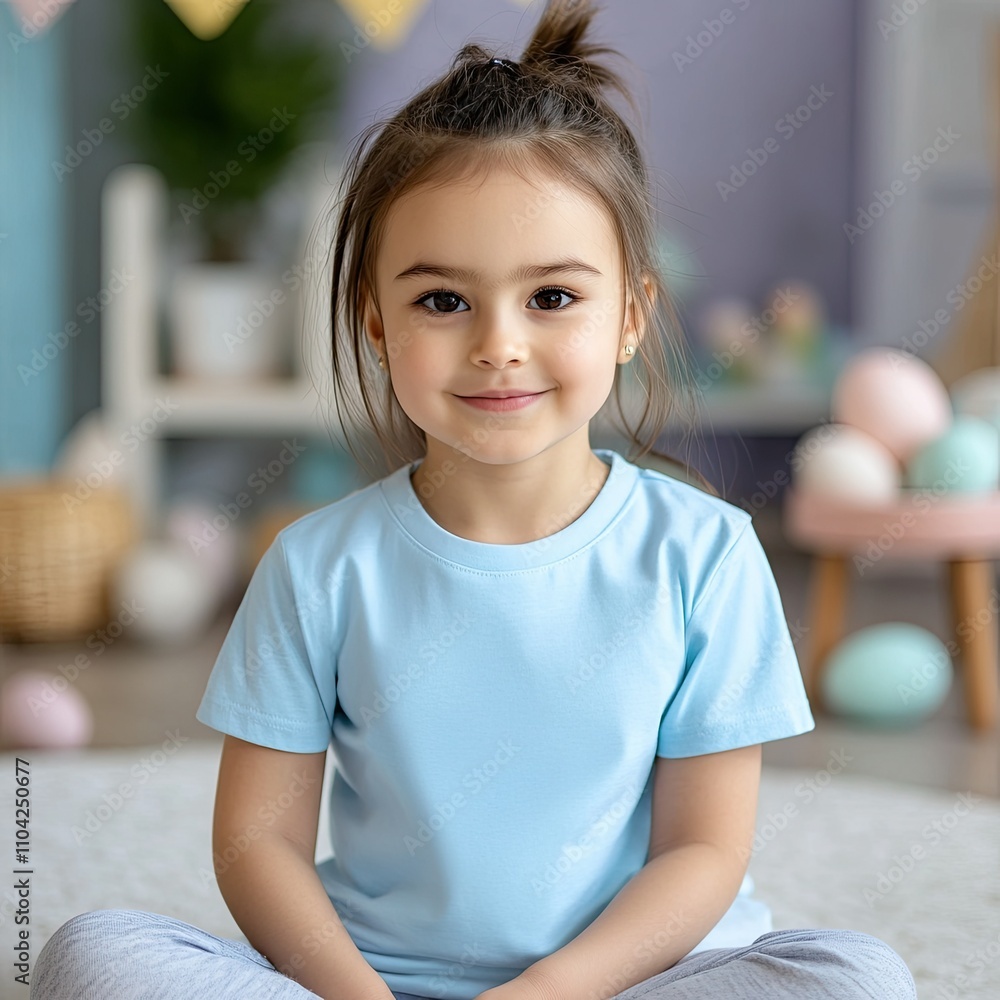 Little Girl in Blue T-Shirt Sitting in Cozy Room Little Girl in Blue T-Shirt Sitting in Cozy Room
