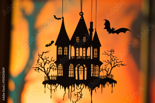 Spooky haunted house silhouette at sunset with bats and bare trees photo