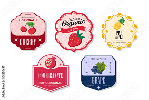 Retro fruits banner and labels. Different juices stickers. Packaging tags with grape, pomegranate, pineapple, cherry. Set of seasonal fruits labels stickers and marks or badges template for packaging