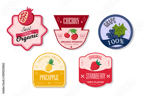 Retro fruits banner and labels. Different juices stickers. Packaging tags with strawberry, grape, pineapple, cherry. Set of seasonal fruits labels stickers and marks or badges template for packaging