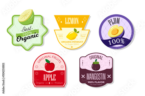 Retro fruits banner and labels. Different juices stickers. Packaging tags with lemon, apple, mangostin, plum. Set of seasonal fruits labels stickers and marks or badges template for packaging