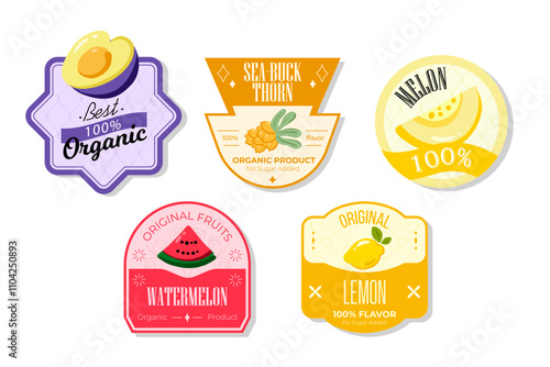 Retro fruits banner and labels. Different juices stickers. Packaging tags with lemon, watermelon, melon, seabuckthorn. Set of seasonal fruits labels stickers and marks or badges template for packaging