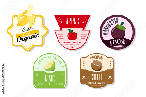 Retro fruits banner and labels. Different juices stickers. Packaging tags with lime, coffee, mangostin, apple. Set of seasonal fruits labels stickers and marks or badges template for packaging