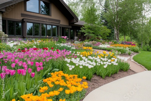Wallpaper Mural Colorful tulips bloom in vibrant garden near a charming house in daytime setting Torontodigital.ca