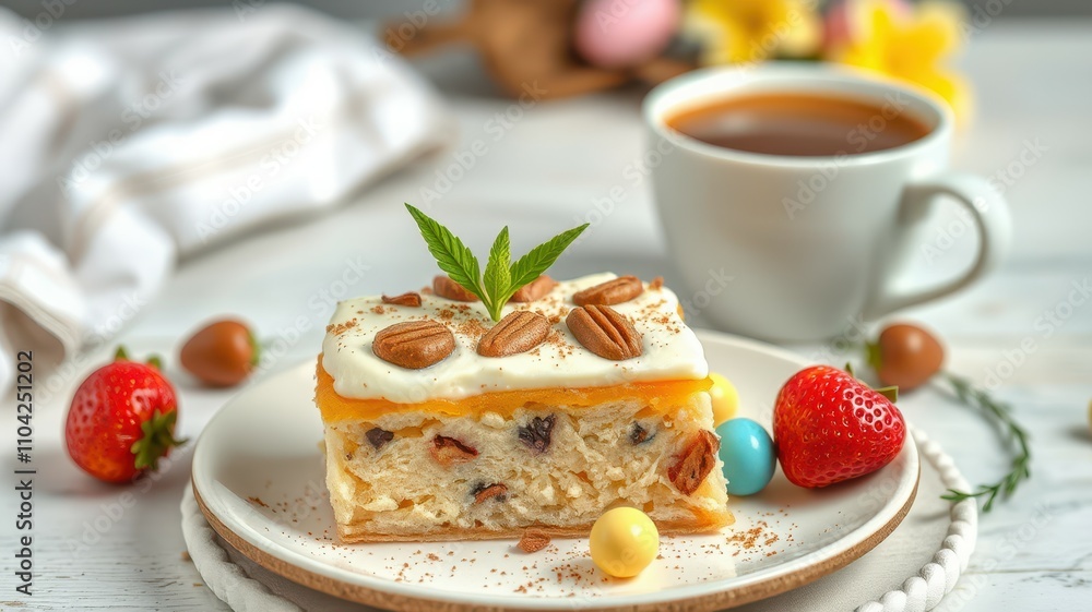 Delightful dessert served with coffee on a white wooden table adorned with fresh strawberries and colorful candies Delightful dessert served with coffee on a white wooden table adorned with fresh strawberries and colorful candies