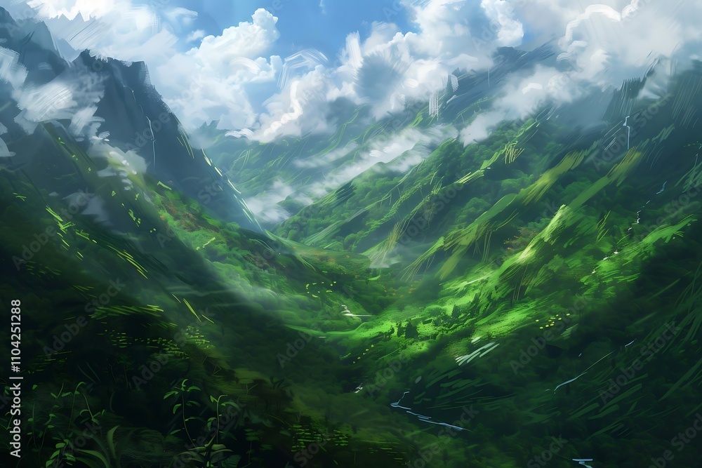 illustration of a mountain landscape with blue sky hills covered in green forest and lush green meadows illustration of a mountain landscape with blue sky hills covered in green forest and lush green meadows