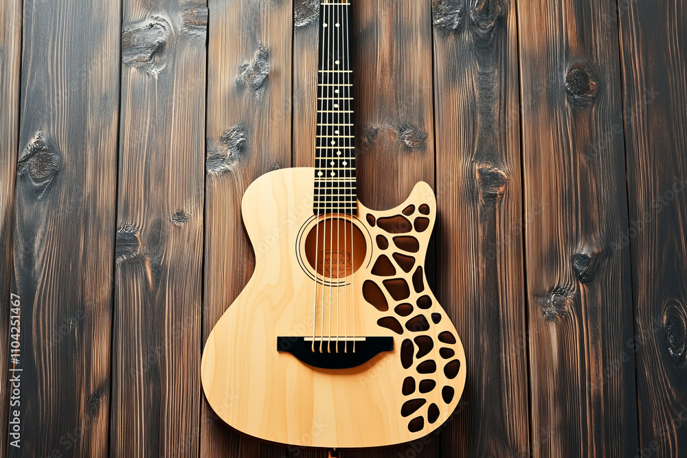 Obraz premium Acoustic guitar with unique cutout design on wooden background