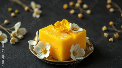 Delicious yellow dessert garnished with flowers on a decorative plate photo