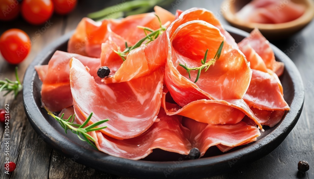 Detailed View Of A Stack Of Spanish Serrano Ham Showcasing The Delicious Textures And Flavors Of This Traditional Cured Meat. Detailed View Of A Stack Of Spanish Serrano Ham Showcasing The Delicious Textures And Flavors Of This Traditional Cured Meat.