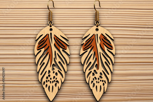 Intricate wooden leaf earrings on textured surface photo