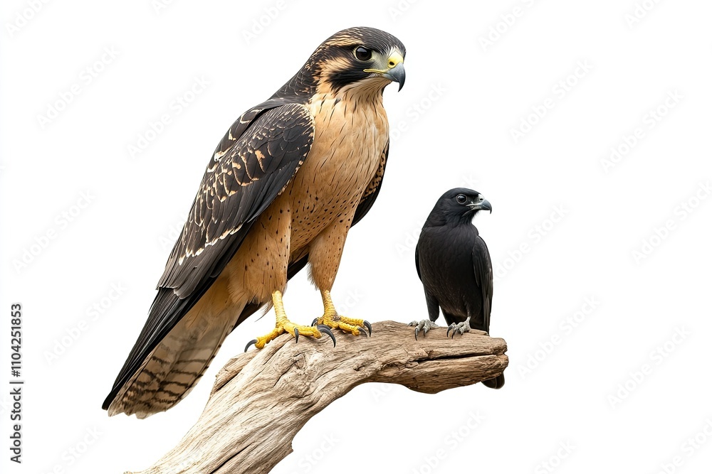 Falcon or Hawk and Black Myna Bird Perched on a Wooden Branch – Isolated on White Falcon or Hawk and Black Myna Bird Perched on a Wooden Branch – Isolated on White