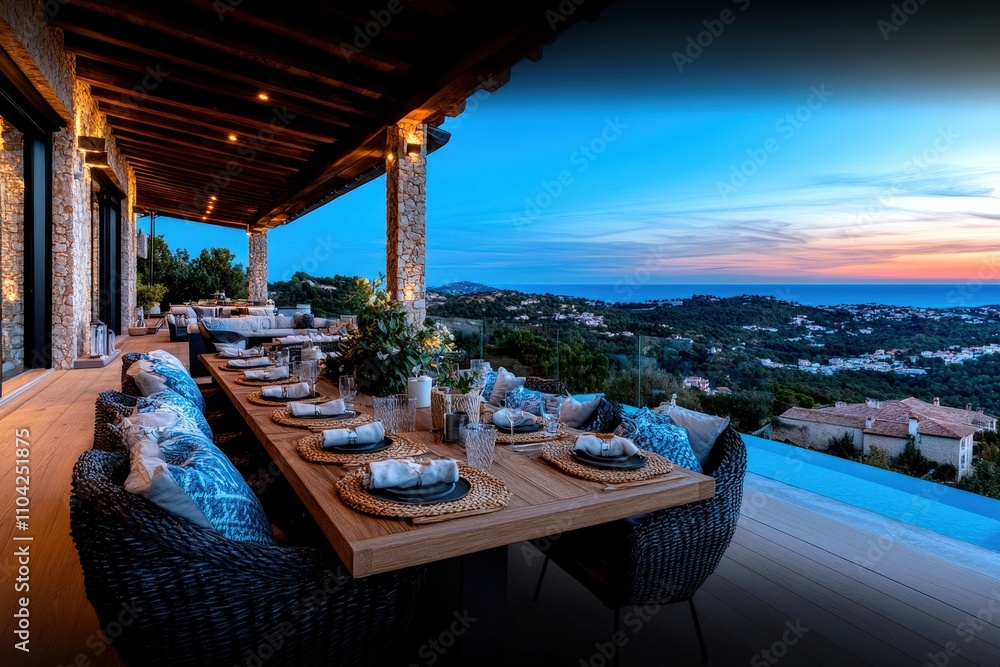 Fototapeta premium This image captures a luxurious outdoor dining setup with stunning sunset views, featuring elegant table settings, lush greenery, and an exquisite ambiance for entertaining guests.