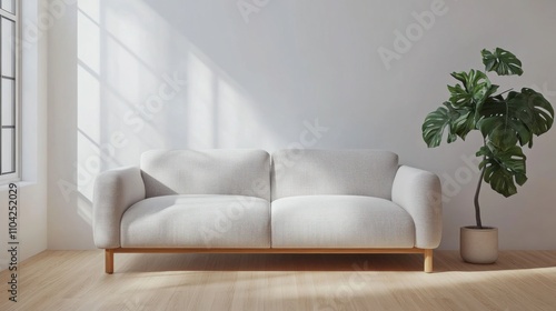 Scandinavian Minimalist Living Room: Light Gray Sofa, White Oak Floor, and Monstera Plant; Emphasizing Functional Elegance and Nordic Simplicity in Natural Light.