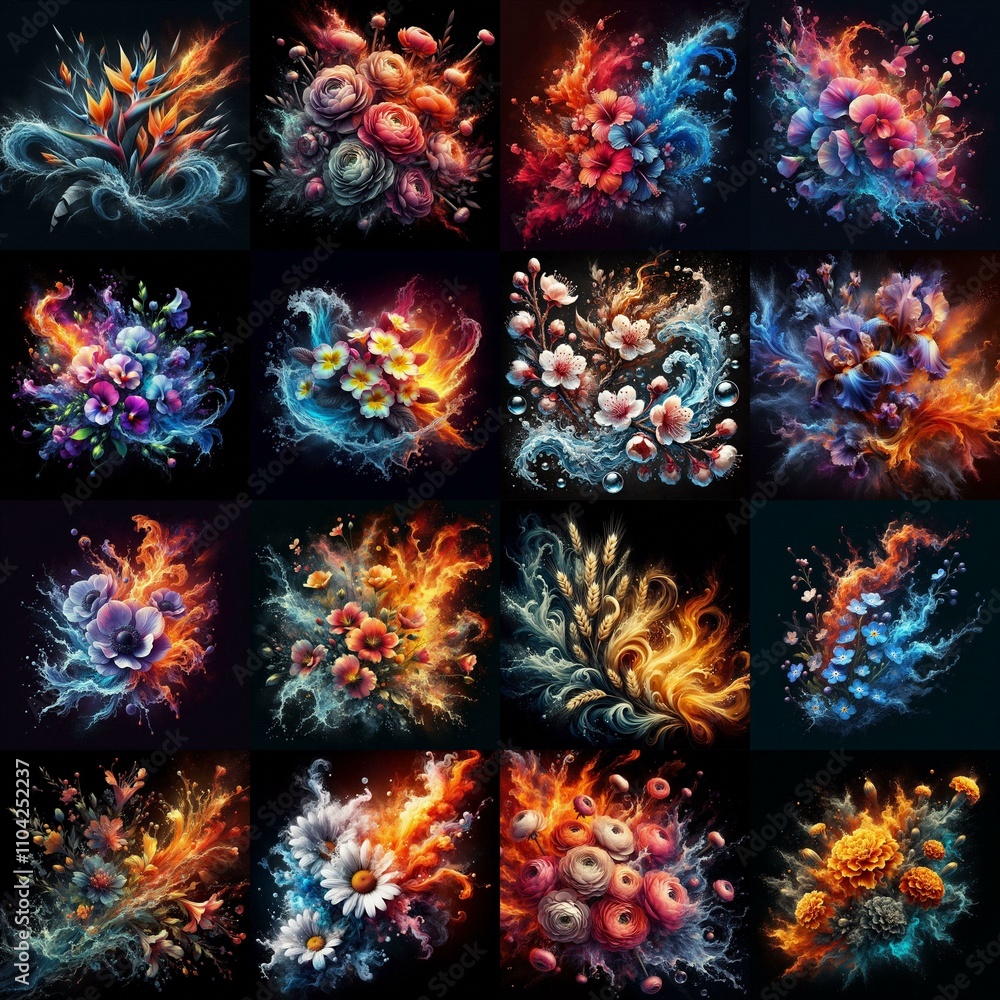 Fototapeta premium Water and file blends of flowers. AI generated illustration