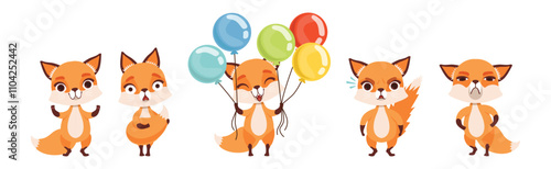Cute Fox Character with Bushy Tail and Pretty Snout Vector Set