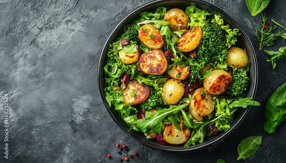 Delicious Potato Salad With Fresh Greens Served In A Gray Bowl - A Mouthwatering And Healthy Option For Any Meal Situation. Delicious Potato Salad With Fresh Greens Served In A Gray Bowl - A Mouthwatering And Healthy Option For Any Meal Situation.