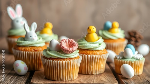 Colorful cupcakes topped with decorative Easter figures and pastel-themed candy on a wooden surface