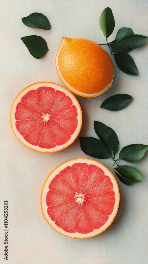 Bright grapefruit halves with vibrant colors and green leaves situated on a light background Bright grapefruit halves with vibrant colors and green leaves situated on a light background