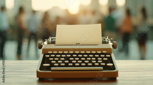 Old typewriter with blank sheet of paper on wooden desk, ready for writing, against blurred city backdrop photo