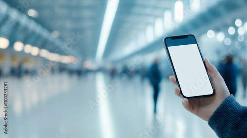 Female passenger checking flight schedule on mobile phone while waiting in airport terminal, travel and technology concept