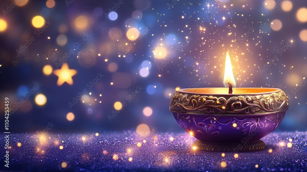 Purple and Gold Diwali Oil Lamp with Sparkling Background Purple and Gold Diwali Oil Lamp with Sparkling Background