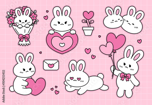 Set of cute bunnies. Sticker pack. Hand drawn vector illustrations. Symbol of love. Valentine's day.