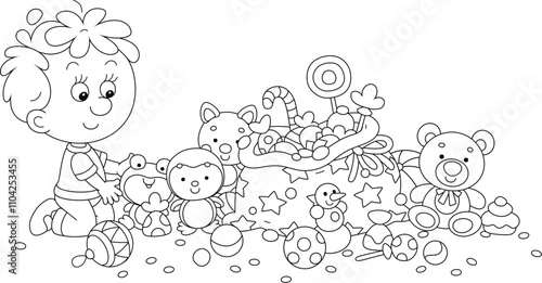 Happy little boy with his Christmas gift bag full of funny toys and sweets, black and white outline vector cartoon illustration for a coloring book