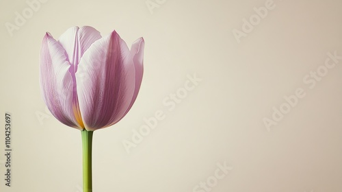 A solitary soft lilac tulip against a muted cream background, close-up shot, Minimalist style