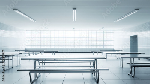 Large empty refectory with many tables and benches under a bright frosted glass window, ideal for school or company canteens
