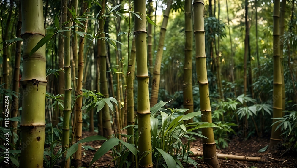 Fototapeta premium Bamboo shoots growing in a lush garden.