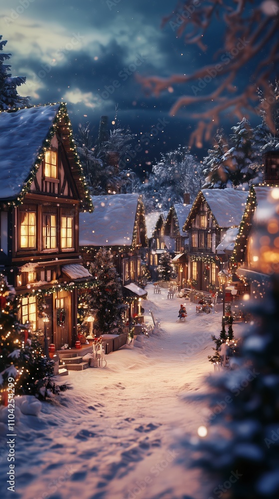 Fototapeta premium Charming houses are beautifully illuminated with warm lights, surrounded by a serene blanket of snow, creating a festive atmosphere on Christmas night