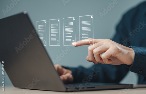check, document, checklist, choice, guarantee, answer, assurance, certificate, choose, list. A person is pointing at a laptop screen with three documents displayed.