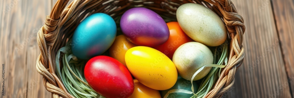 Colorful Easter eggs arranged in a woven basket on a wooden surface during springtime festivities Colorful Easter eggs arranged in a woven basket on a wooden surface during springtime festivities