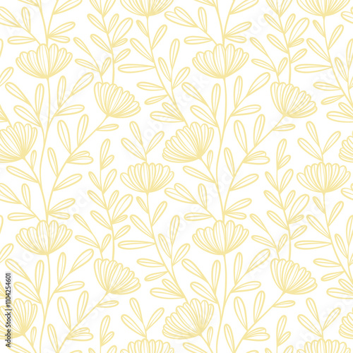 Cute vintage hand drawn summer floral print, seamless repeating vector flower pattern, climbing plants repeat tile design