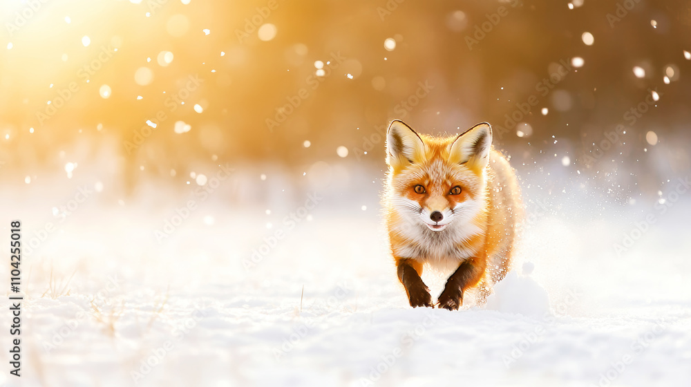 Red fox enjoying a beautiful golden hour snowfall, creating a magical winter wonderland scene Red fox enjoying a beautiful golden hour snowfall, creating a magical winter wonderland scene