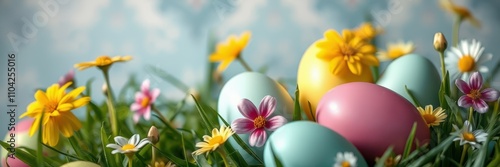 Colorful Easter eggs nestled among vibrant spring flowers in a bright and cheerful setting