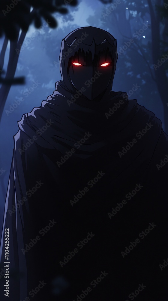 A mysterious anime villain with glowing red eyes and a dark cloak. A mysterious anime villain with glowing red eyes and a dark cloak.