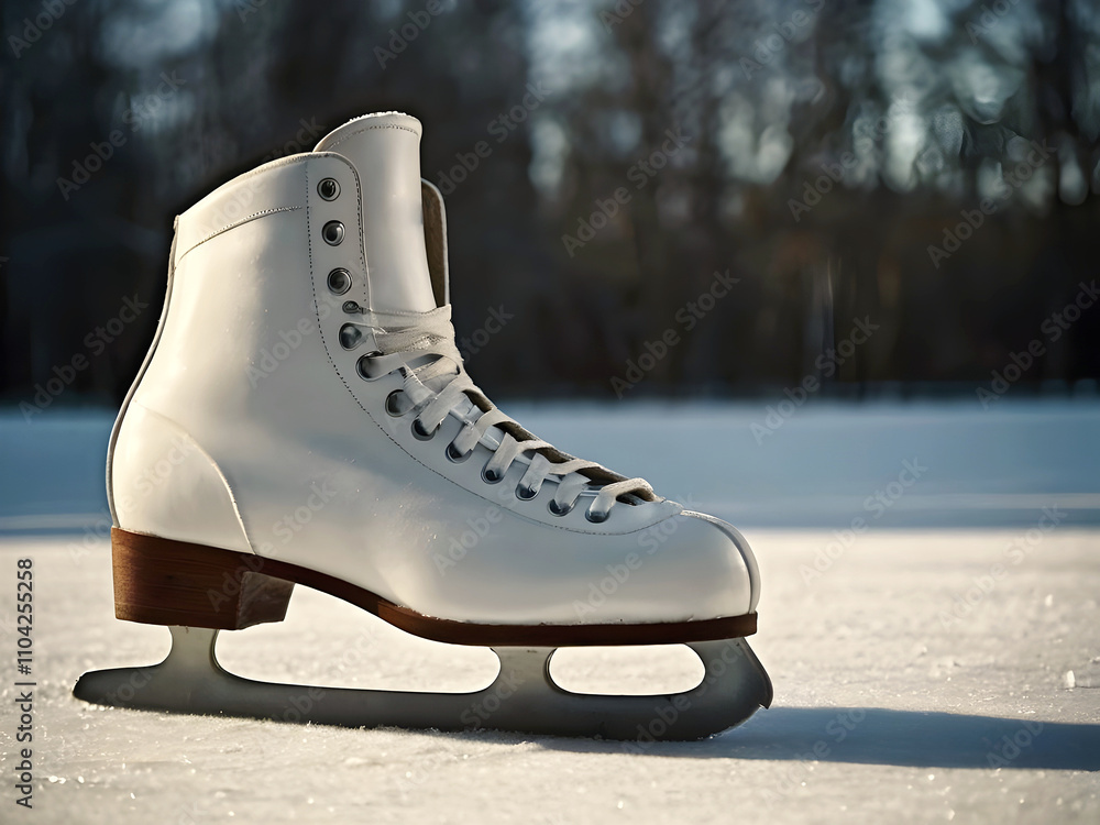 Closeup of vintage retro ice skates on ice in the skating ring, sport background, vintage equipment concept