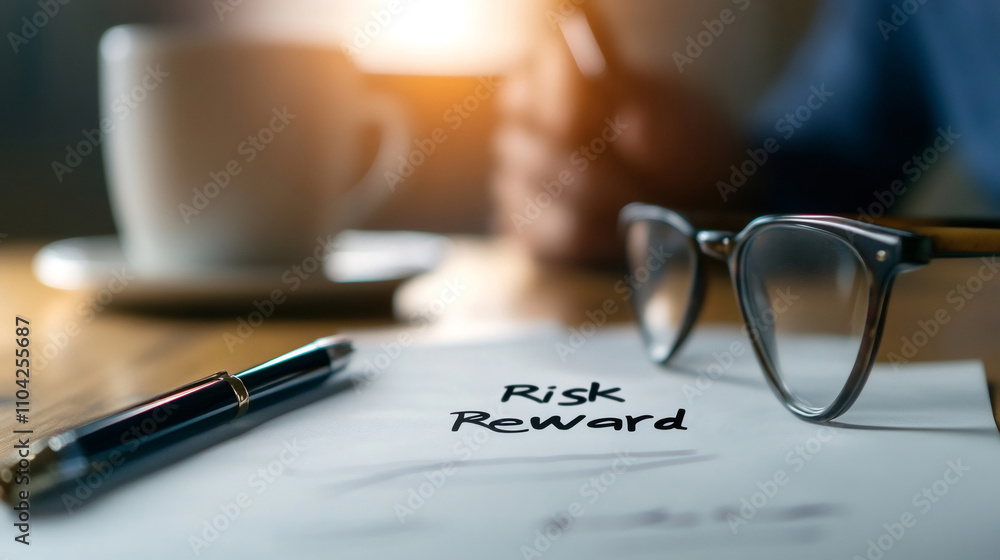 Businessman examining potential risks and rewards, evaluating investment tactics, with glasses, pen, and coffee mug on desk