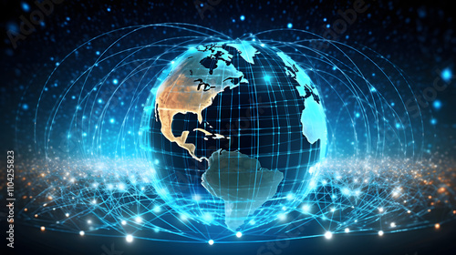 
Digital transformation world, consisting of futuristic network lines and boundless technological forms of digital interaction and a holographic interface symbolizing modern technology.