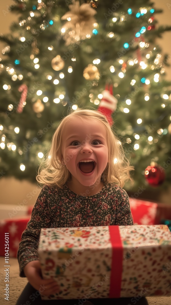 A young child with a beaming smile eagerly opens a present while sitting on the floor. Surrounding her is a festive atmosphere with a sparkling Christmas tree lit with colorful lights A young child with a beaming smile eagerly opens a present while sitting on the floor. Surrounding her is a festive atmosphere with a sparkling Christmas tree lit with colorful lights