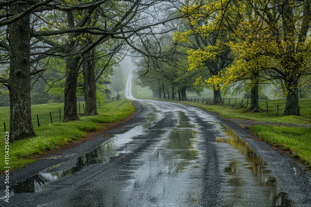 Serene Country Road in Rainy Weather Perfect for Peaceful Landscape Art and Nature Prints Serene Country Road in Rainy Weather Perfect for Peaceful Landscape Art and Nature Prints