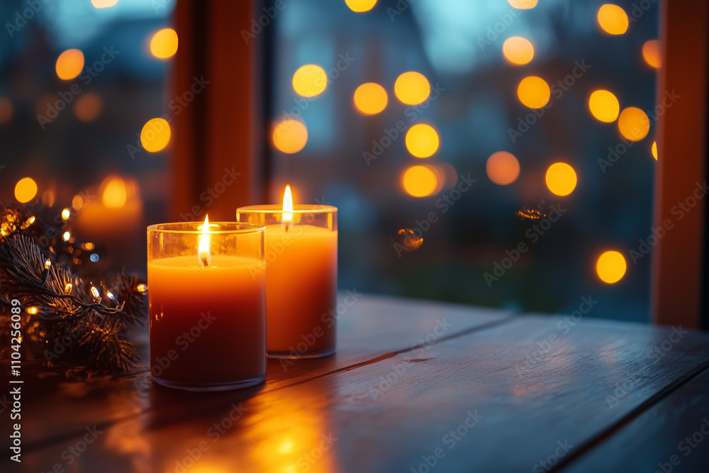 Candles burning on wooden table with blurred background. Candles burning on wooden table with blurred background.