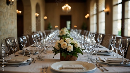 Banquet table with elegant place settings.