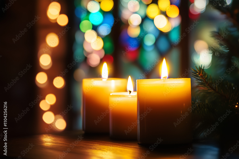 Candles burning on wooden table with blurred background of stained glass window and christmas lights. Candles burning on wooden table with blurred background of stained glass window and christmas lights.
